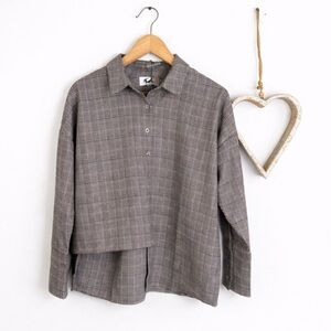 Evidnt Plaid Button Front Blouse Brown Gray Check Long Sleeve Collared SMALL